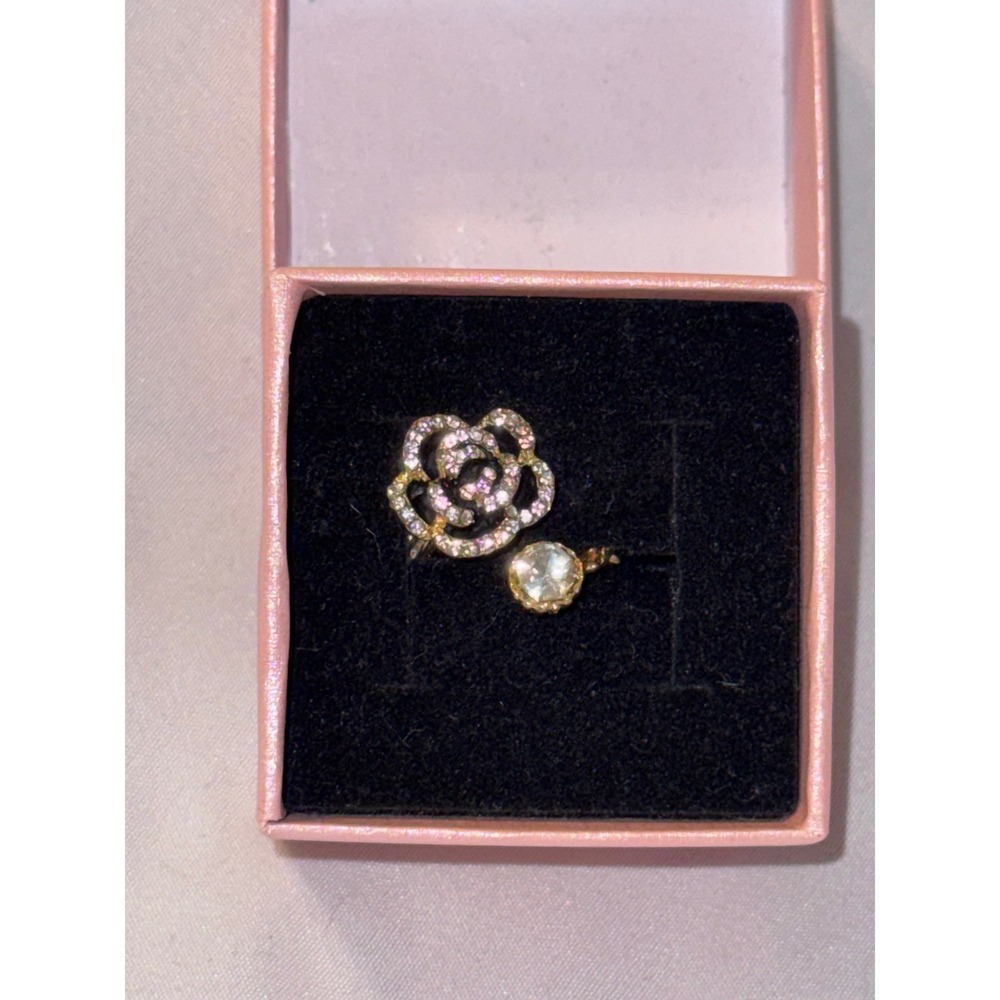 Gold Tone Black Enamel Rose Crystal Wrap Bypass Ring Floral Jewelry